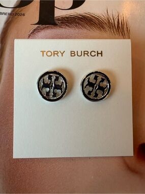 Tory Burch Silver Round Logo Stud Earrings
